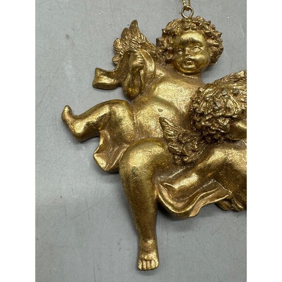 solid Gold 2 Cherubs Angel tree Ornament Decor Christmas 4" READ - Picture 3 of 5